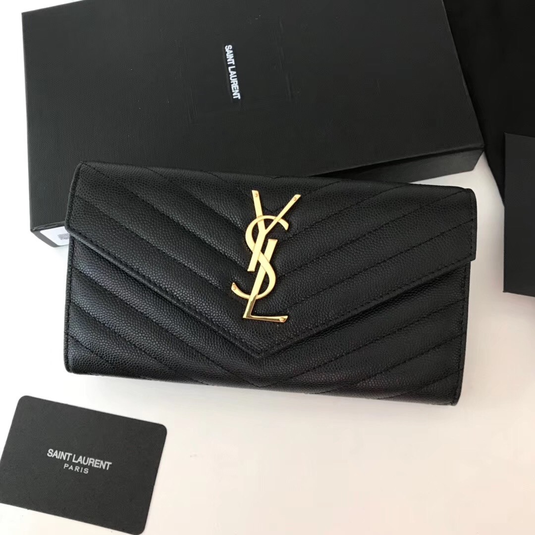 Sa**t Lau*nt large monogram flap wallet in black grained leather