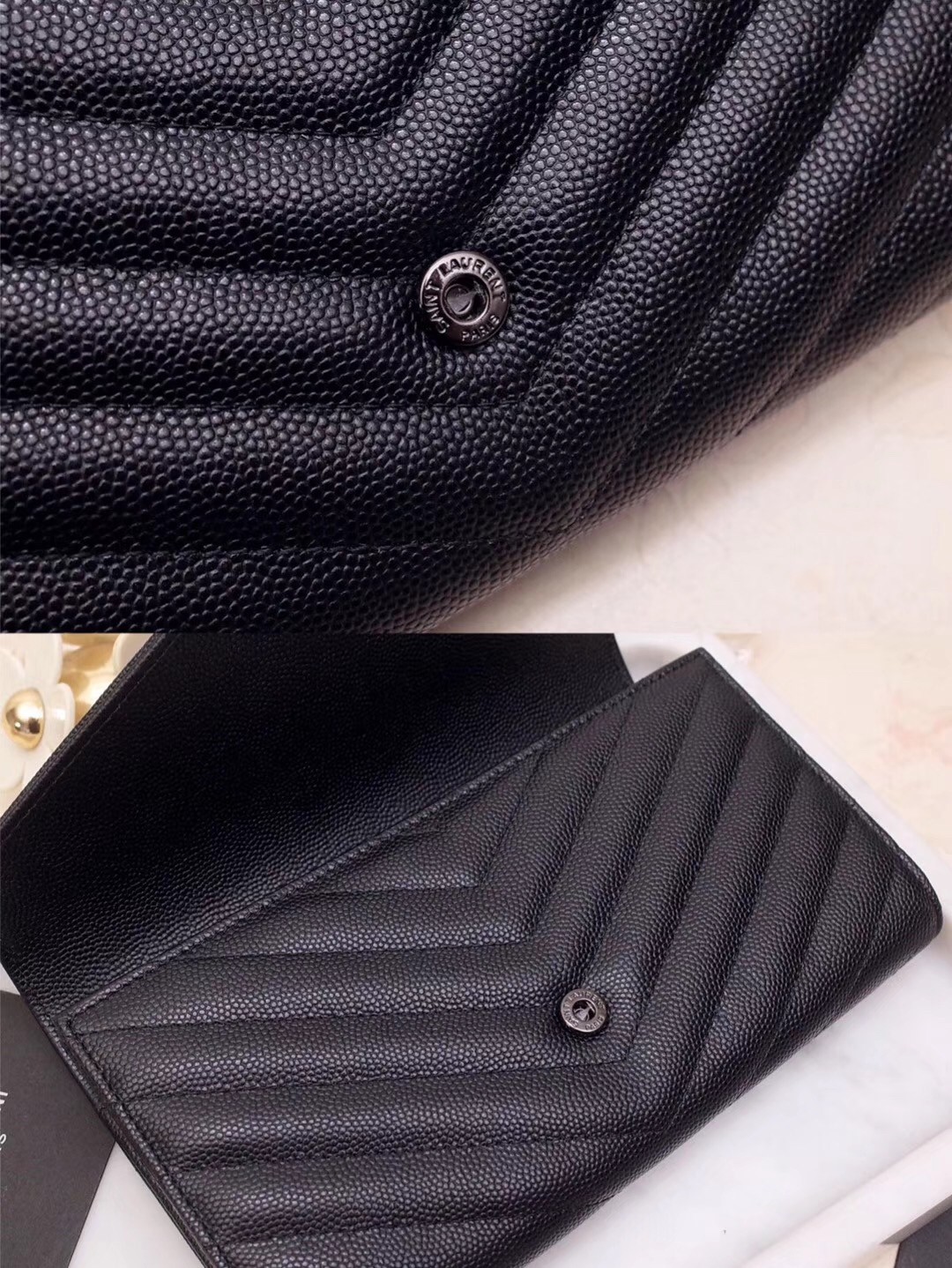 Sa**t Lau*nt large monogram flap all black wallet