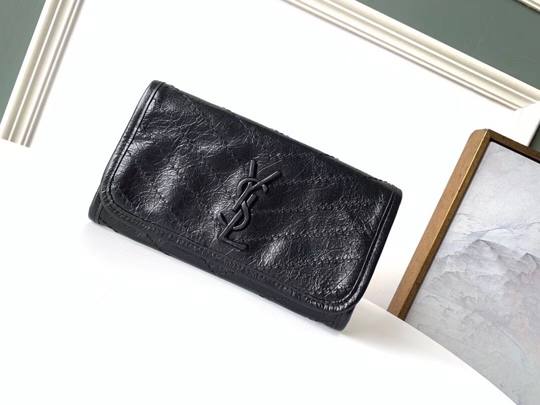 Sa**t Lau*nt niki large wallet in black crinkled vintage leather