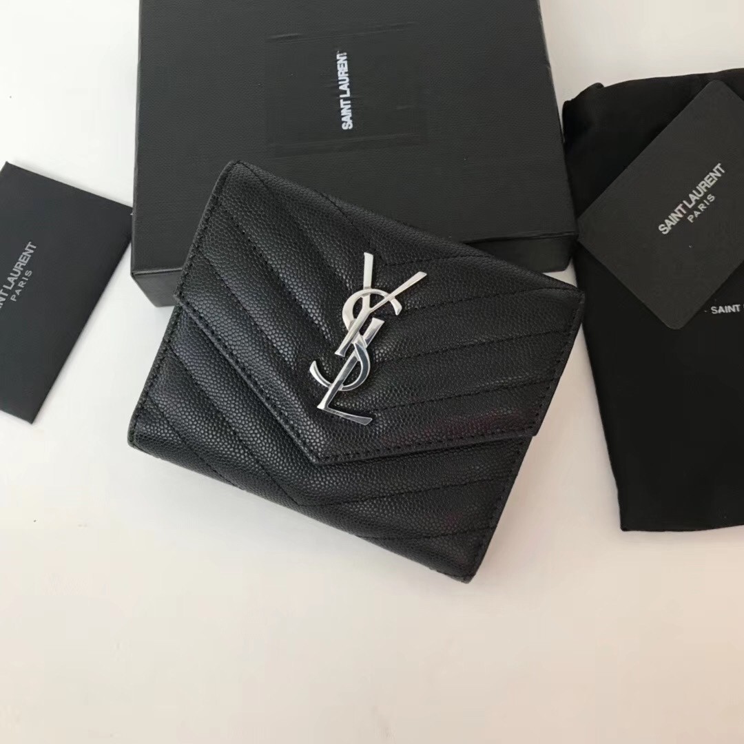 Sa**t Lau*nt compact tri fold wallet in noir leather