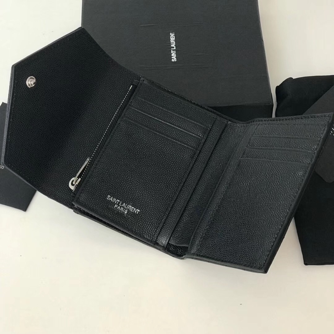 Sa**t Lau*nt compact tri fold wallet in noir leather