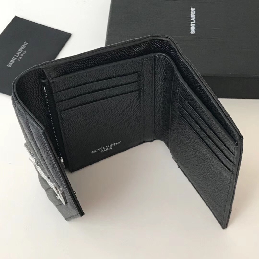 Sa**t Lau*nt compact tri fold wallet in noir leather