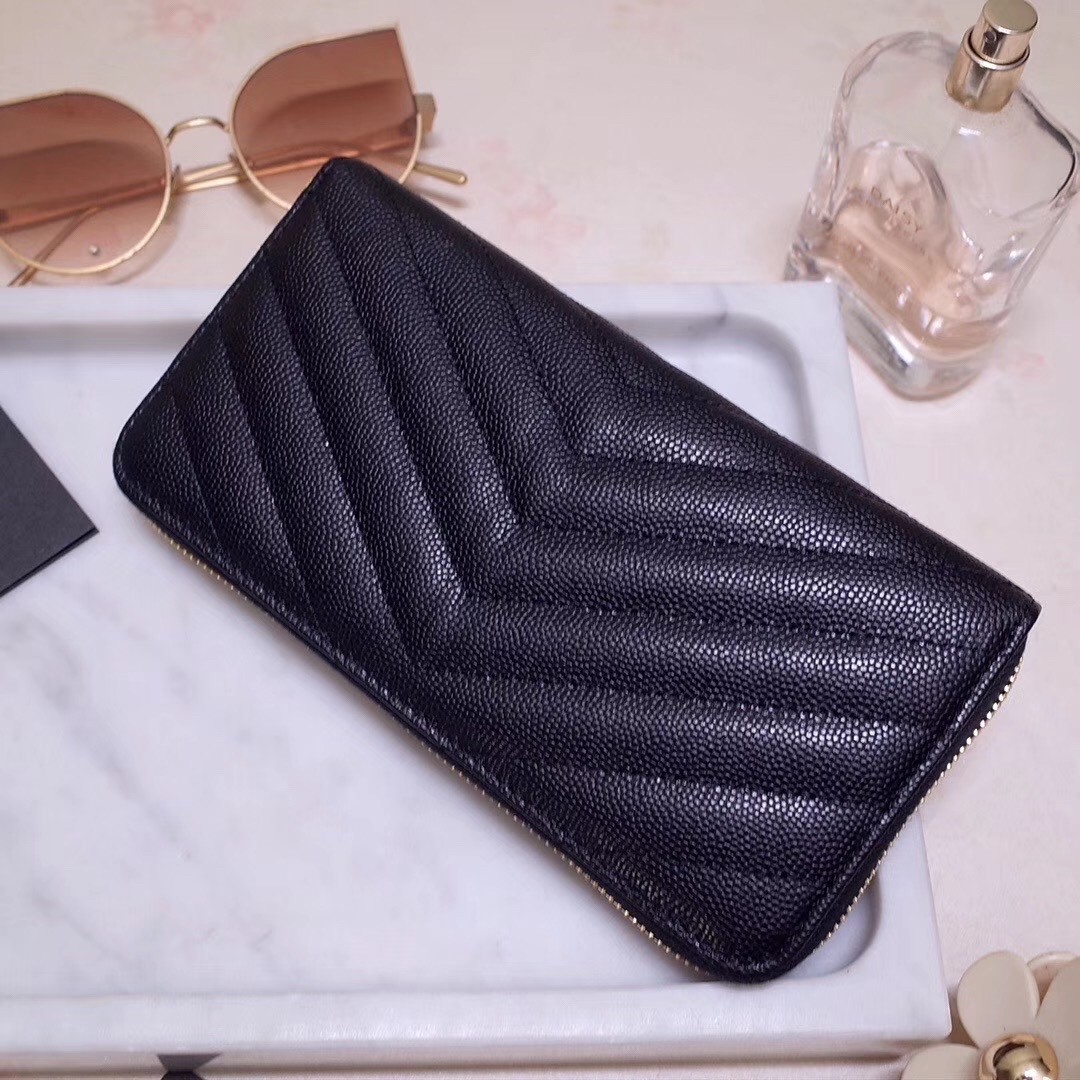 Sa**t Lau*nt monogram zip around wallet in black grained leather