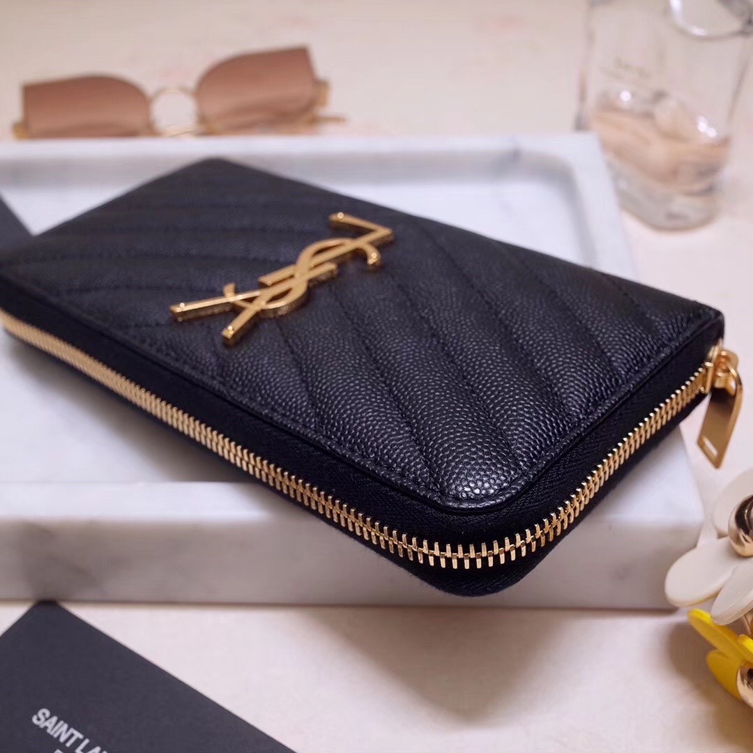Sa**t Lau*nt monogram zip around wallet in black grained leather