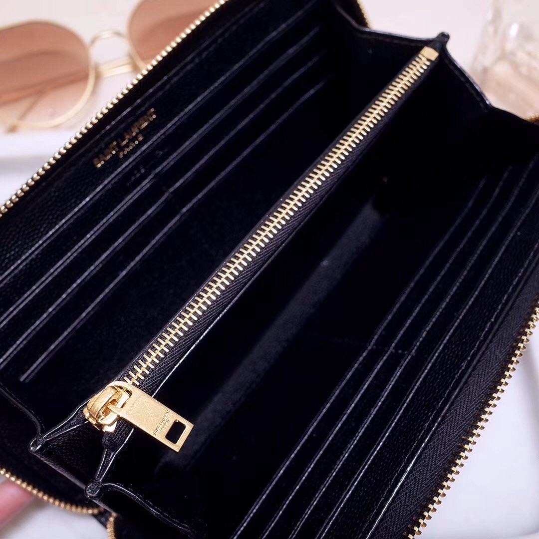Sa**t Lau*nt monogram zip around wallet in black grained leather
