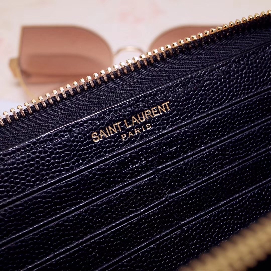 Sa**t Lau*nt monogram zip around wallet in black grained leather