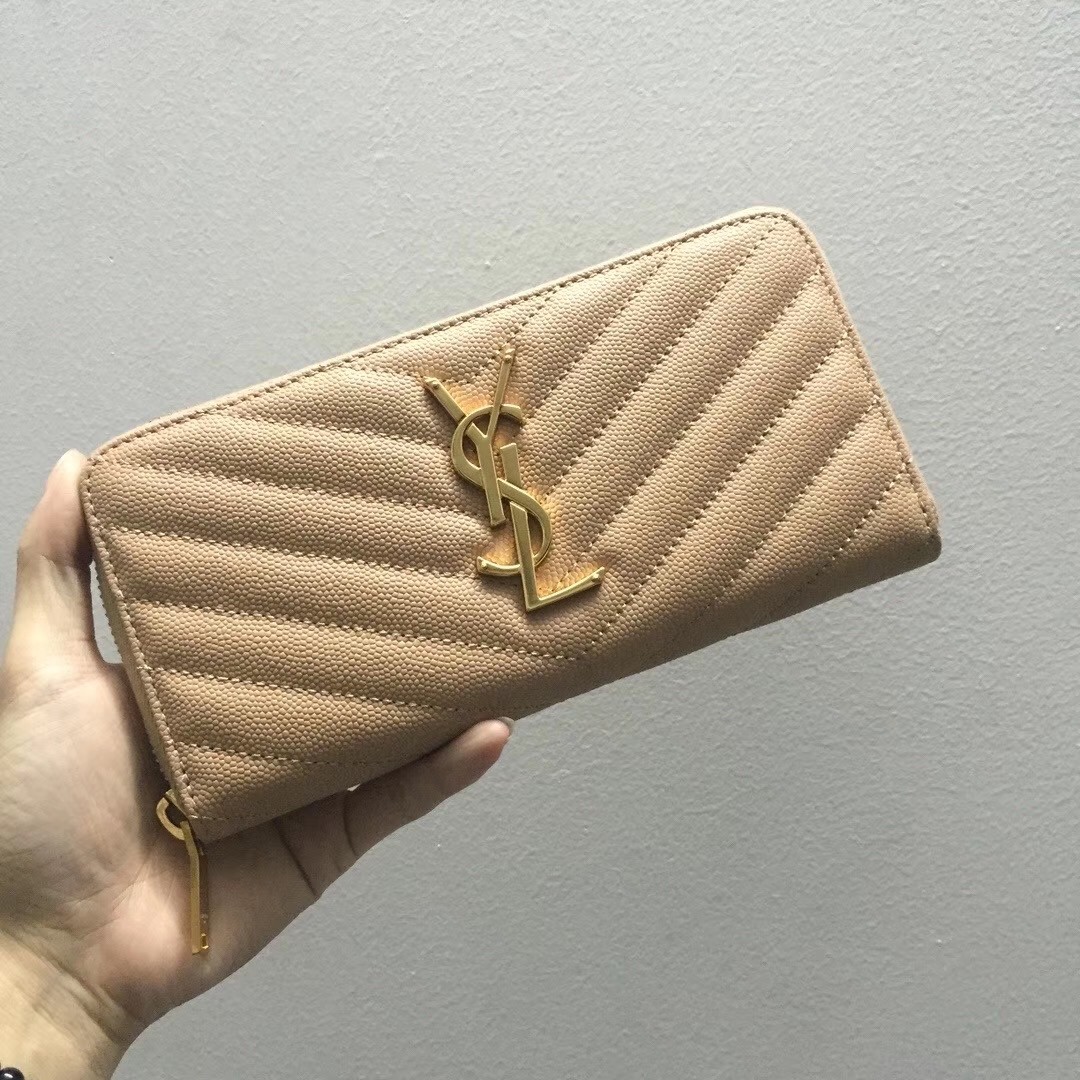 Sa**t Lau*nt monogram zip around wallet in powder grained leather