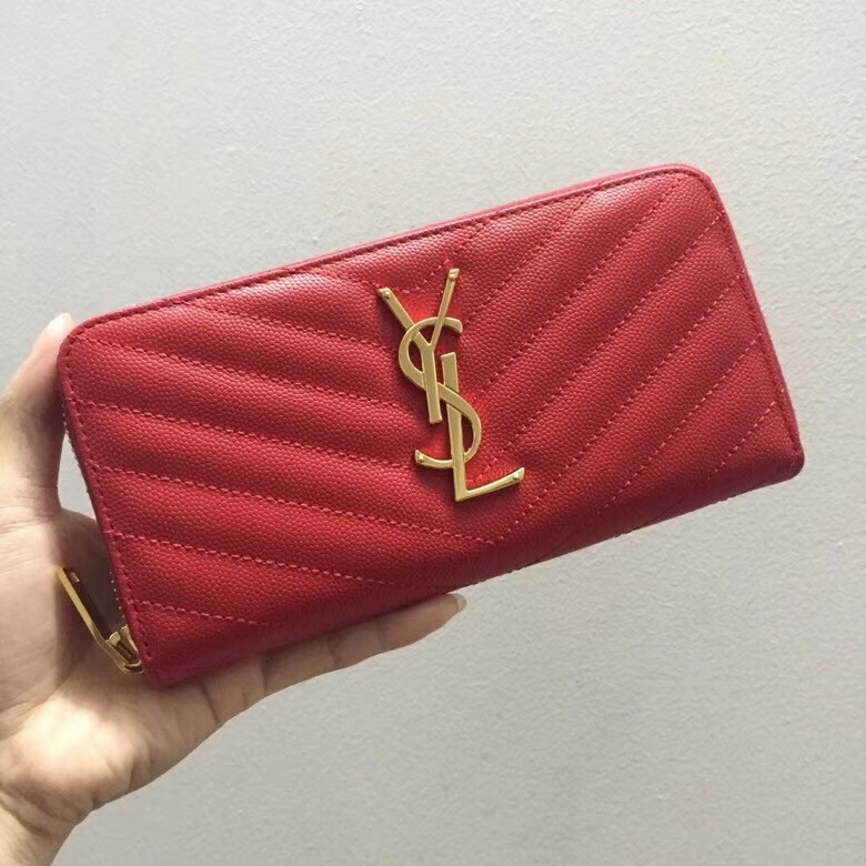 Sa**t Lau*nt monogram zip around wallet in red grained leather